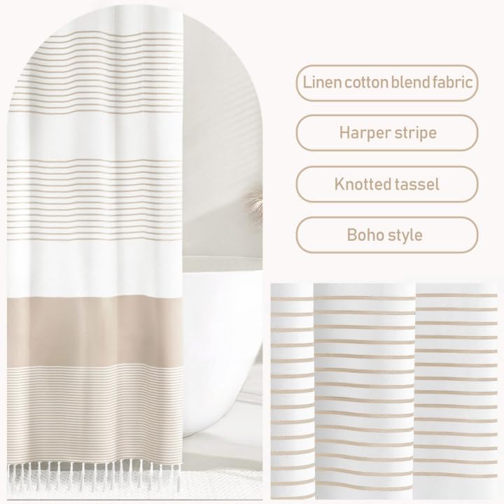 Awellife Boho Beige Shower Curtain For Bathroom Extra Long Stripe Knotted-Tassel Shower Curtain 72 X 96 Inches Natural Linen